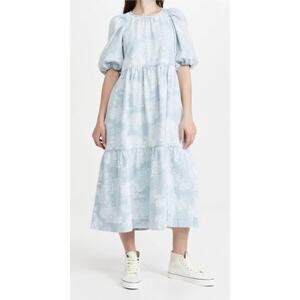 The Great. Denim Floral Park Dress Puff Sleeve Midi Jean Medium Cottagecore M